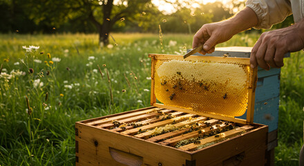 Beekeeper inspecting a honeycomb frame filled with honey and bees in a sunny meadow, with a beehive visible in the background.