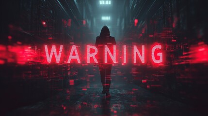 A hooded figure walks through a dimly lit corridor, with a bold 'WARNING' sign glowing red in the foreground.