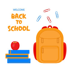 Bright square background back to school. Vector illustration. Orange backpack with red pockets and straps. Blue books and red apple on white background. Banner for sale and discount.