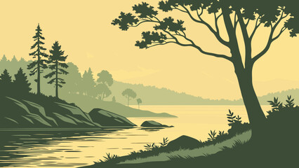 Mountain landscape at sunrise with mist over a tranquil lake, surrounded by hills and silhouetted trees