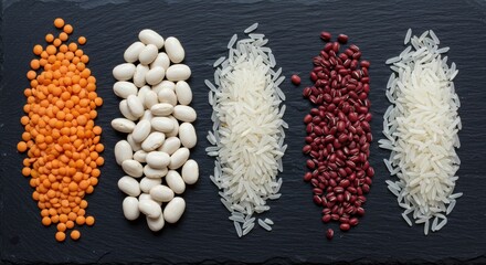 Assorted grains and beans on slate surface for healthy diet inspiration