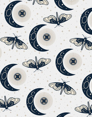 Moths and Crescent Moons with Stars in Mystical Style