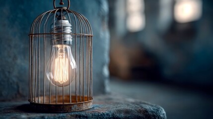Glowing vintage light bulb trapped in a rusty metal cage, symbolizing constrained creativity or imprisoned ideas in a moody, dimly lit setting.