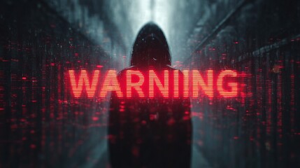 A mysterious figure in a hooded jacket stands in a dark environment, surrounded by digital elements with a prominent 'WARNING' message in red.