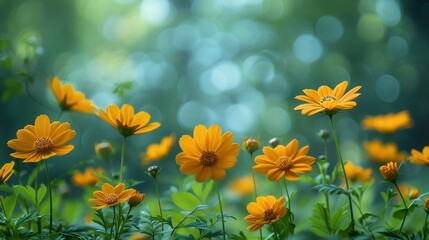 Sunny yellow daisies in a field, blurred green background. Soft light and a natural, dreamy aesthetic