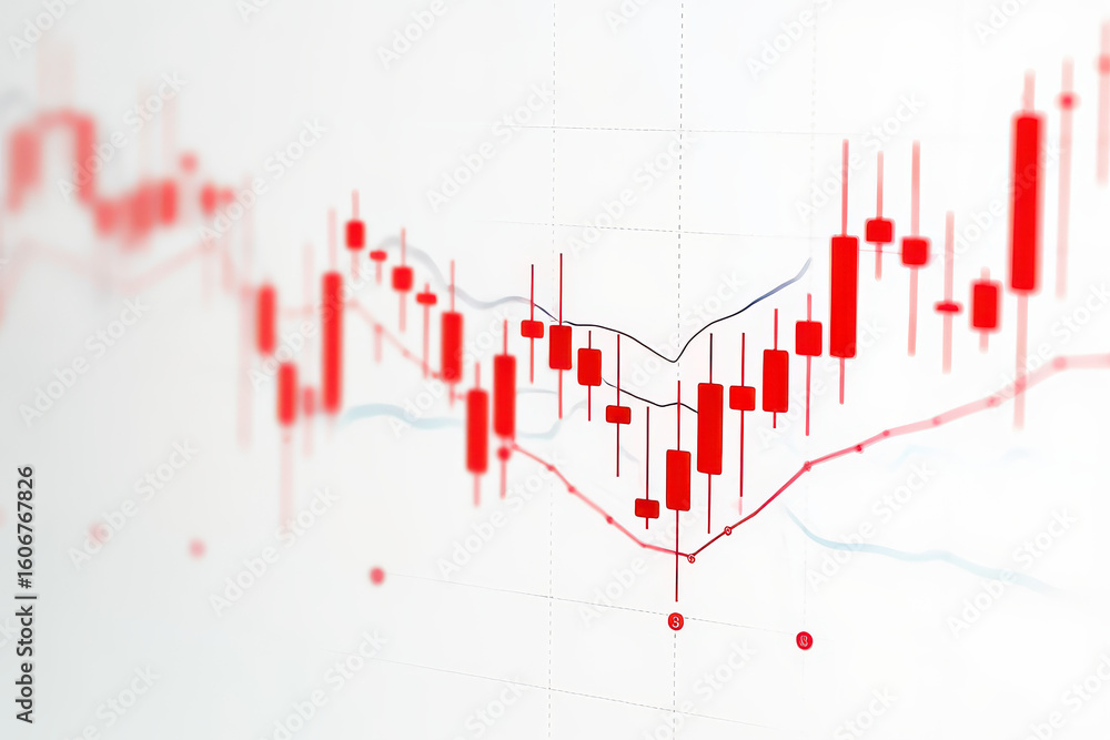 Aufkleber close up view of a red candlestick chart showing market trends and financial data analysis on white 