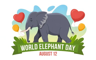 Happy world elephant day celebration with balloons and greenery