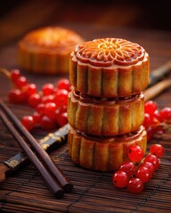 Mid-Autumn mooncakes arranged with red currants and chopsticks, intricate floral patterns on golden crust, cozy cultural scene for hospitality and editorial use

