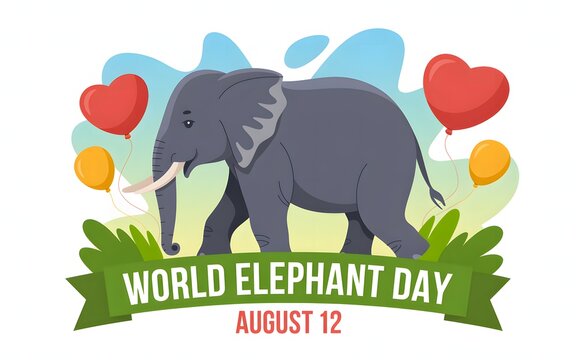 Happy world elephant day celebration with balloons and greenery