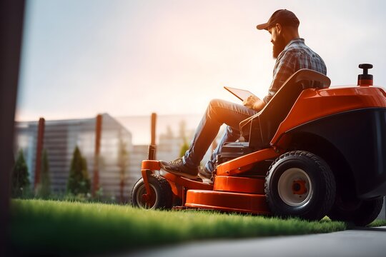 Gardener using tablet while sitting on riding lawn mower in city park