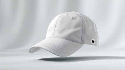 A plain white baseball cap floating against a white background, featuring clean stitching and a small rectangular tag on the side.