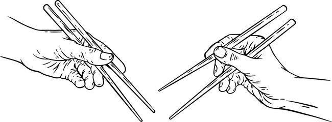 Hand holding chopstick in monochrome color. Traditional kitchen equipment asian food. Vintage hand draw vector illustration.