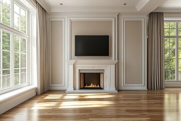 Room with a fireplace and plasma TV, 3D rendered to demonstrate modern luxury and functionality in home design, Generative AI