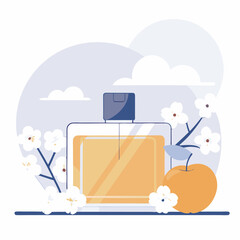 Flakon perfum z nutami kwiatowymi i owocowymi. Koncepcja luksusowego zapachu i naturalnych składników.