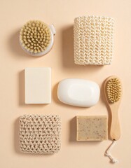 Neutral Toned Spa Products: Soaps, Brushes and Loofah Arrangement