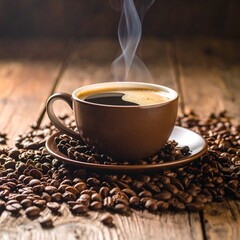 Aromatic coffee in a brown cup on a wooden table