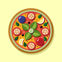 Colorful pizza with various toppings displayed in flat design style. Top view of a decorative pizza with vibrant fruits and vegetables arranged artistically on a light orange crust.