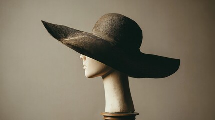 A beige mannequin head displays a wide-brimmed, dark straw hat against a plain neutral background.