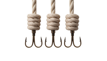 Photo of Three Natural Fiber Ropes with Dark Metal Fishing Hooks – Evenly Spaced, Transparent Background