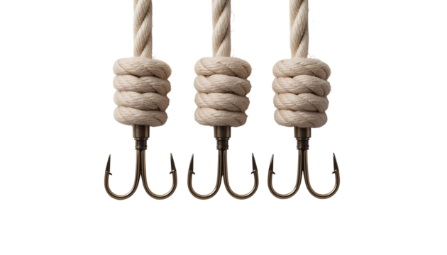 Photo of Three Natural Fiber Ropes with Dark Metal Fishing Hooks – Evenly Spaced, Transparent Background