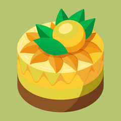 A vibrant. decorative. three layered yellow cake with orange sunflower design and green leaves. Charming dessert displayed against a neutral backdrop.