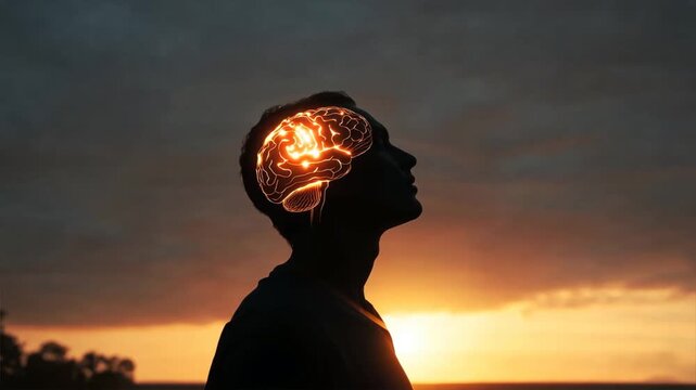 Silhouette of a man with a glowing brain under sunset sky, showing mental power and tech mind, digital silhouette, cyber human concept
