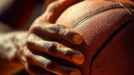 Close-up of a hand gripping a basketball, highlighting texture and grip in intense lighting