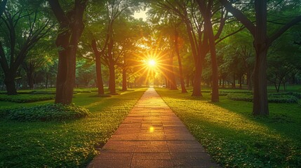 Obraz premium Path through trees to the sun; light dappled on the ground, warm and inviting