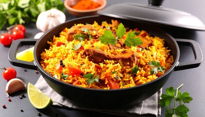 Aromatic rice dish with chicken in a pan