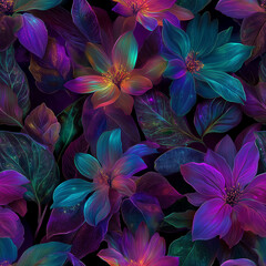 Surreal Neon Flowers: Seamless Dark-Toned Pattern