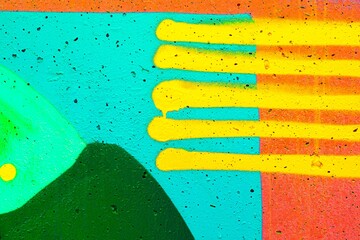 Vibrant abstract street art featuring bold yellow lines over blue, green, red background. 80s, funky style with textured surface. Urban mural, modern art, creative design.