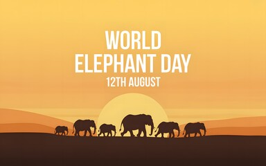 World elephant day celebration with silhouette herd at sunset