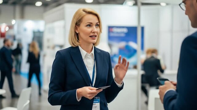 Professional businesswoman engaging in a discussion at a bustling trade show or corporate event, demonstrating effective communication and networking.