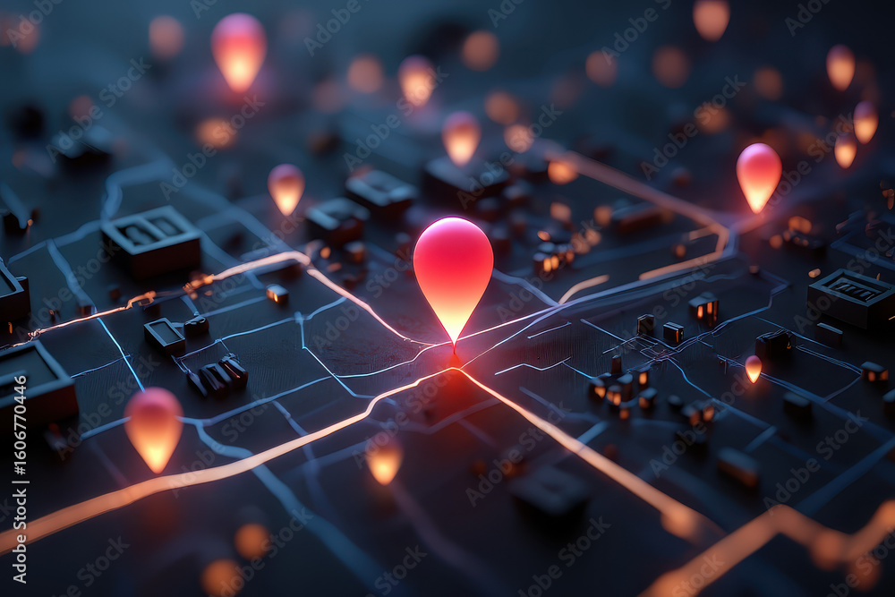 Poster illuminated map with location pins and glowing lines creating a network effect in dark setting