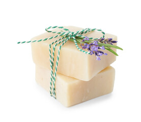 Soap bars and lavender flowers isolated on white