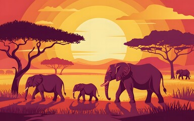 Fototapeta premium African savanna landscape with elephants at sunset