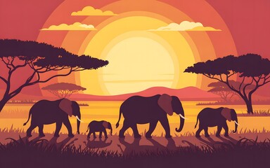 Fototapeta premium African savanna elephants walking at sunset with acacia trees