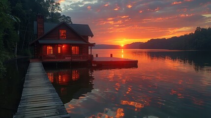 Cozy log cabin at sunset by calm lake water, dock extends to the house