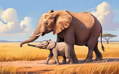 Fototapeta premium Mother elephant and baby elephant walking together in the african savanna