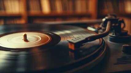 Retro turntable close-up spinning vinyl with stylus on classic record - Powered by Adobe