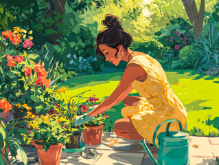 Woman Gardening in a vibrant backyard with lush greenery and colorful flowers