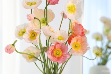 Bouquet of beautiful poppy flowers indoors, closeup