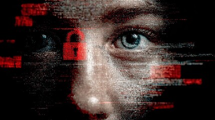 A close-up of a young woman with piercing blue eyes, overlaid with digital coding and a padlock symbol, reflecting cybersecurity themes.