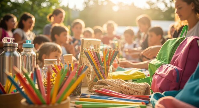 Community outdoor art event with diverse families and creative supplies in sunlit park
