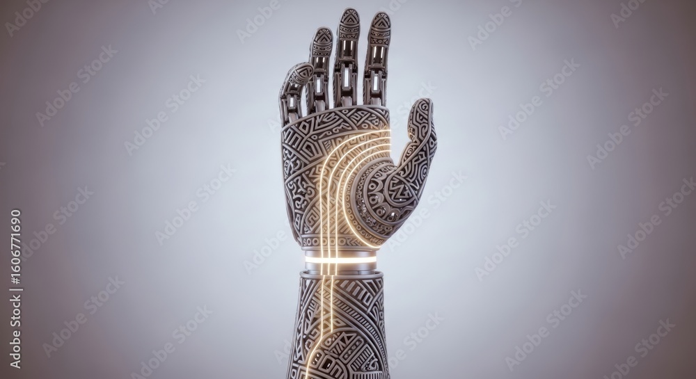 Aufkleber futuristic robotic hand with intricate tribal patterns and illuminated circuits