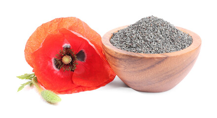 Poppy seeds in bowl and red flower isolated on white