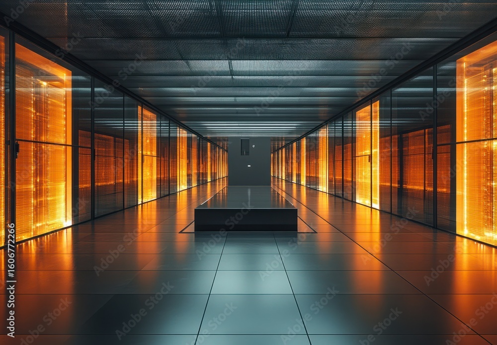 Poster modern data center interior with illuminated server racks and sleek architectural design