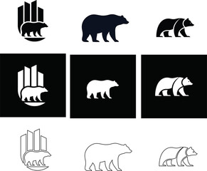Vector bear icons in button, outline, and flat styles on black, great for forest gear, wildlife logos, and eco brands.

