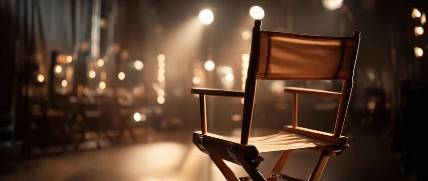 Director's chair on stage with vintage spotlights ready for filming movie scene