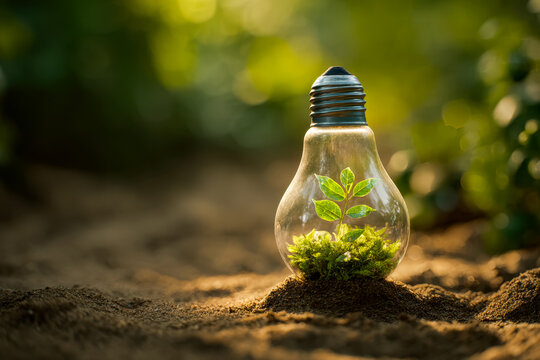 Eco-friendly light bulb with a growing plant symbolizing sustainability and innovative environmental solutions